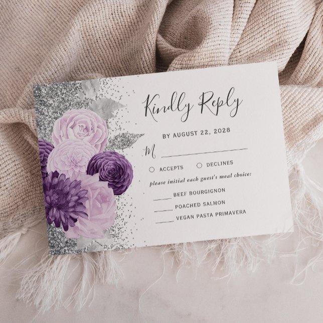 Cartons Réponse Mariage Floral Violet Argent Choix de Repas (Créateur téléchargé)