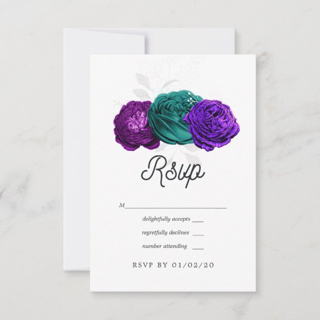Cartons Réponse Mariage Floral Violet Rustique et Turquoise (Devant)
