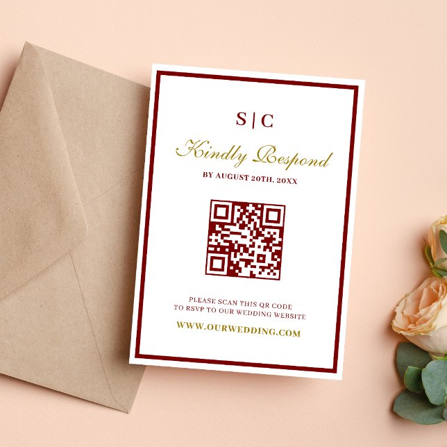 Cartons Réponse Mariage Formel Classique avec Monogramme en Bourgo (Burgundy and gold monogram RSVP card keeps responses elegant, organized, and personalized.)