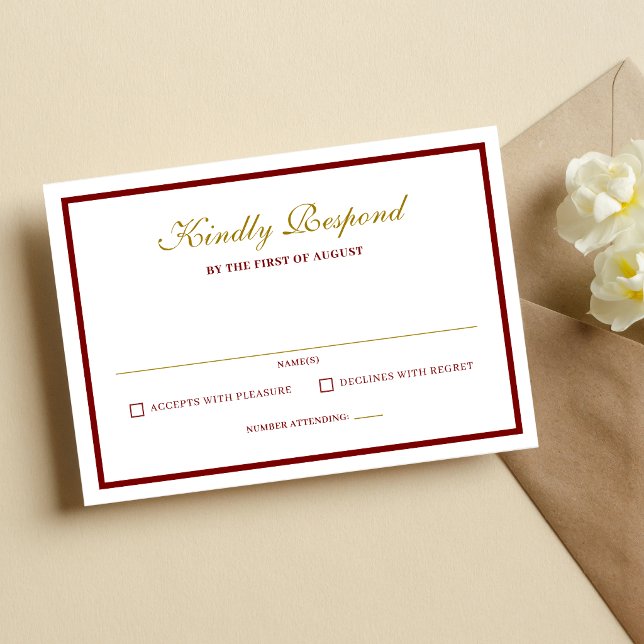 Cartons Réponse Mariage Formel Classique avec Monogramme en Bourgo (Burgundy and gold monogram RSVP card adds elegant organization to your wedding responses.)