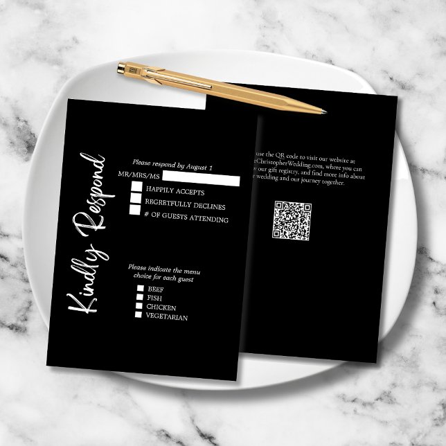 Cartons Réponse Mariage Formel Élégant Script Gras Noir Blanc (Black and White Elegant Kindly Respond Wedding RSVP Card with Menu Selections, QR Code, Website.)