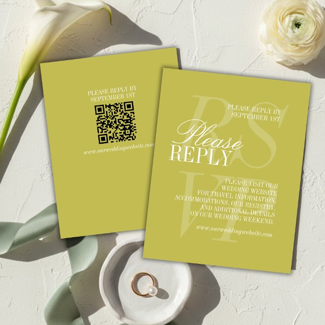 Cartons Réponse Mariage Formel Moderne Écriture Citron Vert QR  (Modern Chartreuse Script QR Code Formal Wedding RSVP Card)