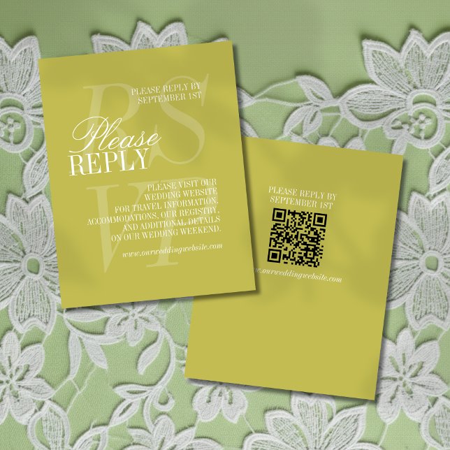Cartons Réponse Mariage Formel Moderne Écriture Citron Vert QR  (Invite guest to give their response for your big day with this Modern Script Citrus Green RSVP!)