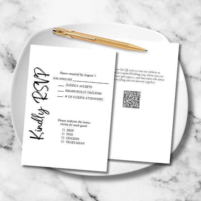 Cartons Réponse Mariage Formel Noir Blanc Script Gras Formel (Black White Formal Wedding RSVP Card with Vertical Script, Menu Choices, QR Code, Website.)