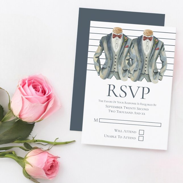 Cartons Réponse Mariage gay deux pièces en costumes et Cravates bo (Gay Wedding Two Grooms in Suits and Bow Ties RSVPs from Ricaso Designed in blue & white. modern RSVP)