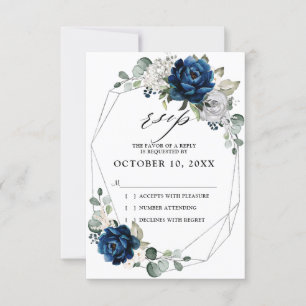 Cartons Réponse Mariage géométrique argent champagne ivoire marine
