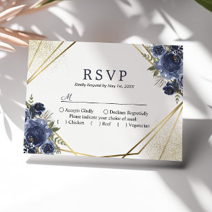 Cartons Réponse Mariage géométrique floral bleu marine or