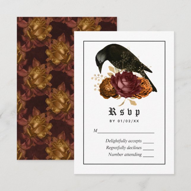 Cartons Réponse Mariage Gothique Grunge Corbeau (Devant / Derrière)