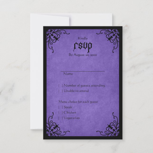Cartons Réponse Mariage gothique noir violet (Devant)