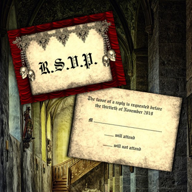 Cartons Réponse Mariage gothique rouge soie et crânes d'or (Créateur téléchargé)