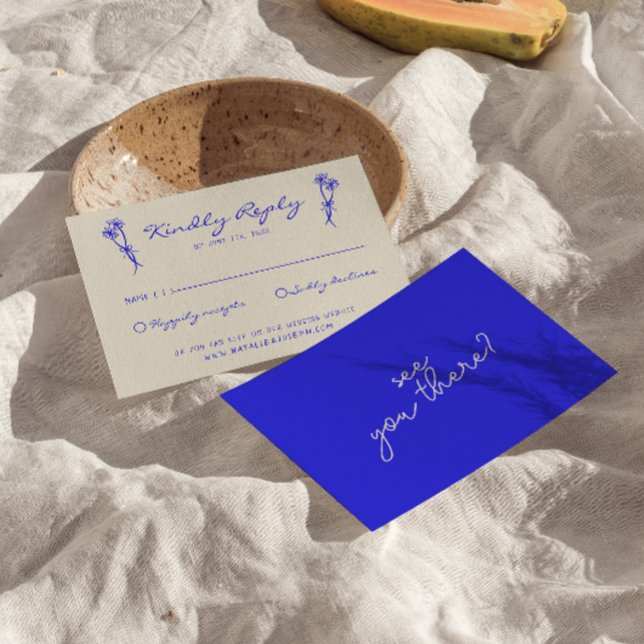 Cartons Réponse Mariage Gras Retro Bleu Dessiné À La Main (Créateur téléchargé)