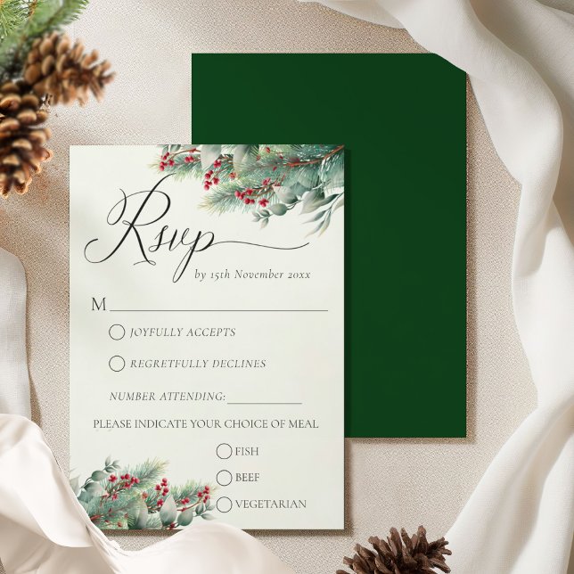 Cartons Réponse Mariage Greenery Aquarelle Baies d'Hiver & Pin  (Créateur téléchargé)