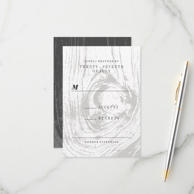 Cartons Réponse Mariage hivernal classique moderne en bois rustiqu (Devant/Arrière en situation)