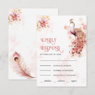 Cartons Réponse Mariage indien au paon floral or rose pastel