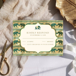 Cartons Réponse Mariage indien Emerald Green Gold Elephant