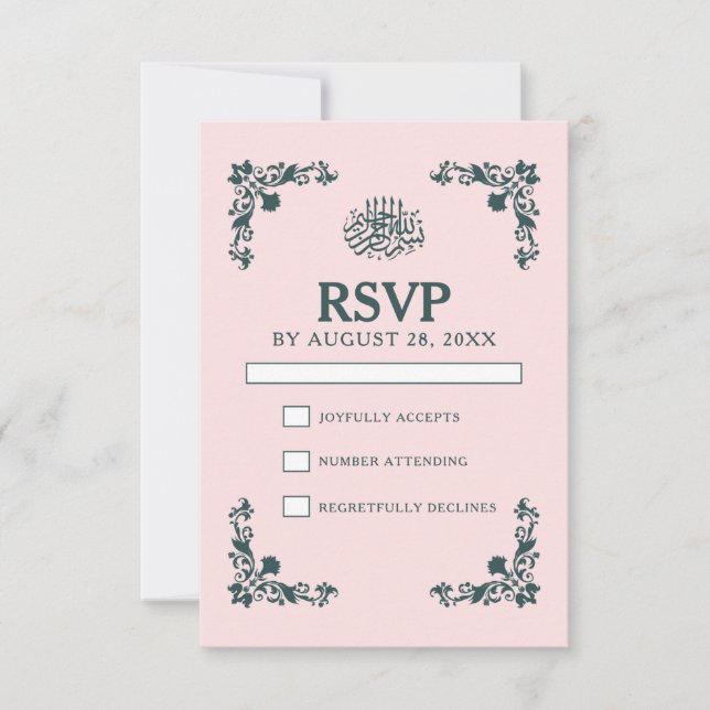 Cartons Réponse Mariage islamique Blush subtil et Gris ardoise (Devant)