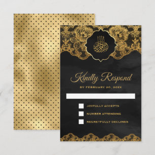 Cartons Réponse Mariage islamique dentelle feuille d'or gris foncé