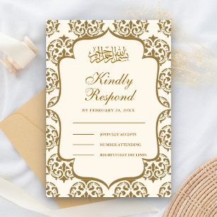 Cartons Réponse Mariage islamique musulman damassé crème et or