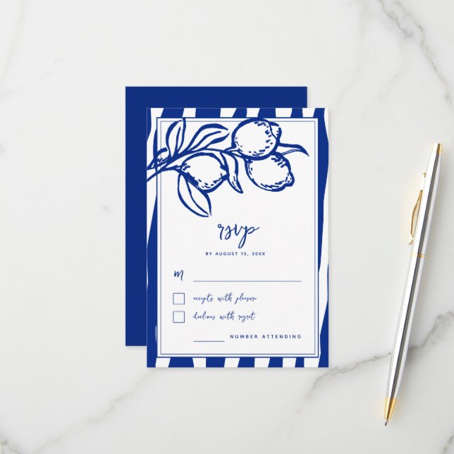 Cartons Réponse Mariage italien à la main citron écriture bleue (Devant/Arrière en situation)