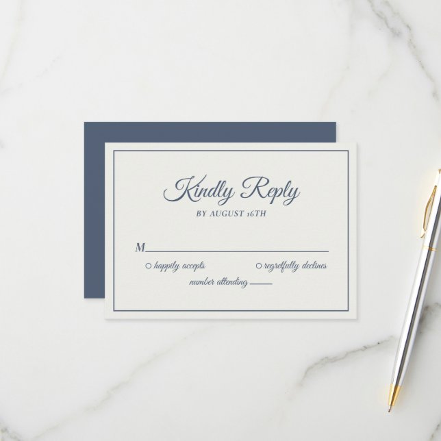 Cartons Réponse Mariage Kindly Répondre Moderne Dusty Navy Blue (Devant/Arrière en situation)