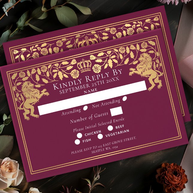 Cartons Réponse Mariage Lion Médiéval Royal Rouge (Créateur téléchargé)