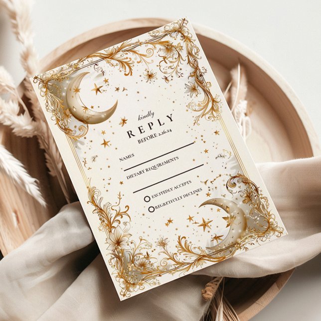 Cartons Réponse Mariage Lune & Étoiles en Or Blanc Céleste (Créateur téléchargé)