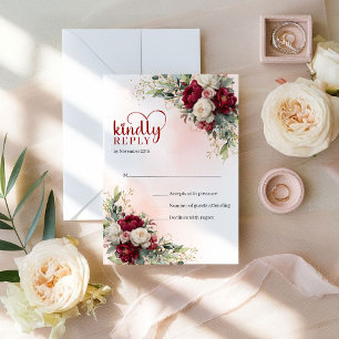 Cartons Réponse Mariage Luxe Boho Bourgogne Fleurs Blanches Or