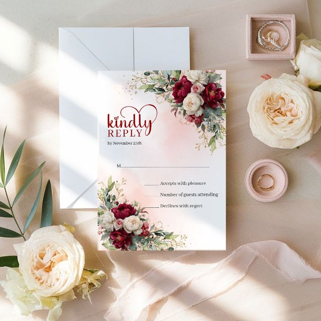 Cartons Réponse Mariage Luxe Boho Bourgogne Fleurs Blanches Or  (Luxury Boho Burgundy White Flowers Gold Wedding RSVP)