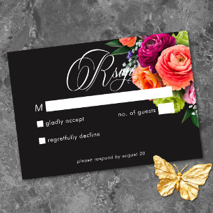Cartons Réponse Mariage Luxe Floral Vibrant Rose Noir