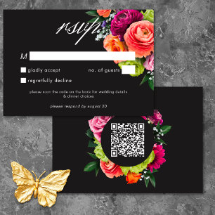 Cartons Réponse Mariage Luxe Floral Vibrant Rose Noir QR