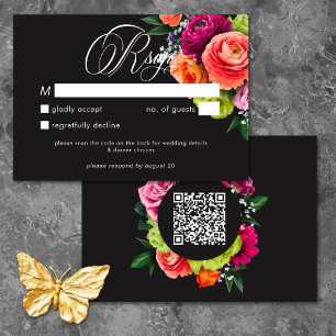 Cartons Réponse Mariage Luxe Floral Vibrant Rose Noir QR