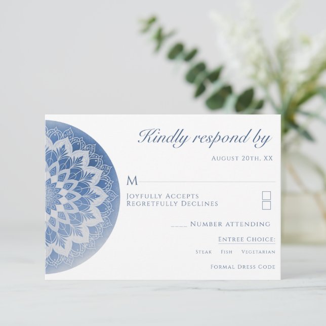 Cartons Réponse Mariage Mandala Bleu Dentelle (Debout devant)