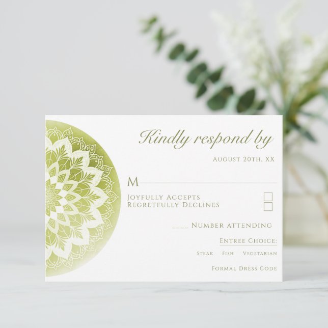 Cartons Réponse Mariage Mandala Vert Dentelle (Debout devant)