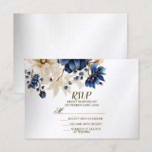 Cartons Réponse Mariage Marine Bleu Blanc Or Floral Argent