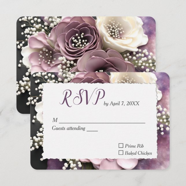 Cartons Réponse Mariage Mauve Rose avec conception du souffle de b (Devant / Derrière)