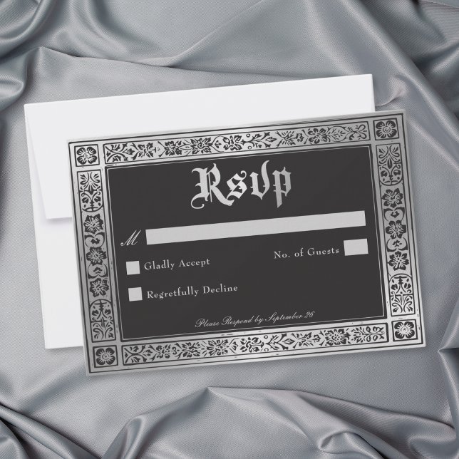 Cartons Réponse Mariage médiéval gothique noir argenté (Gothic Black Silver Medieval Wedding RSVP Card)