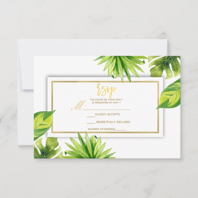 Cartons Réponse Mariage minimal Tropical Vert Feuilles moderne RSV (Devant)