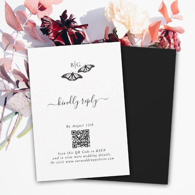 Cartons Réponse Mariage minimaliste de papillon noir blanc (Minimalist Black White Butterfly Monogram Wedding RSVP Card)