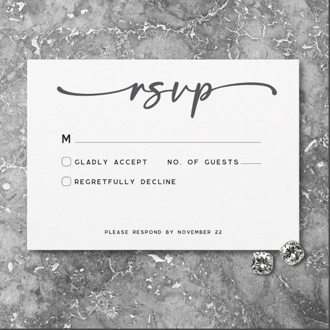 Cartons Réponse Mariage minimaliste noir moderne (Modern Black White Script Photo Wedding No Dinner RSVP Card)