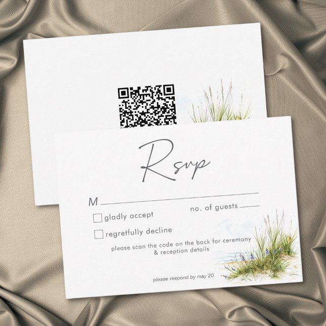 Cartons Réponse Mariage moderne à l'aquarelle de la plage côtière  (Coastal Beach Modern Watercolor Wedding QR RSVP Card)