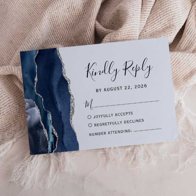 Cartons Réponse Mariage Moderne Agate Argent Bleu Clair Navy (Créateur téléchargé)