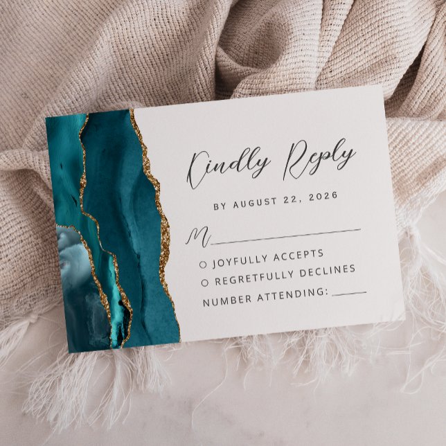 Cartons Réponse Mariage Moderne Agate Bleu Sarcelle Or Script (Créateur téléchargé)