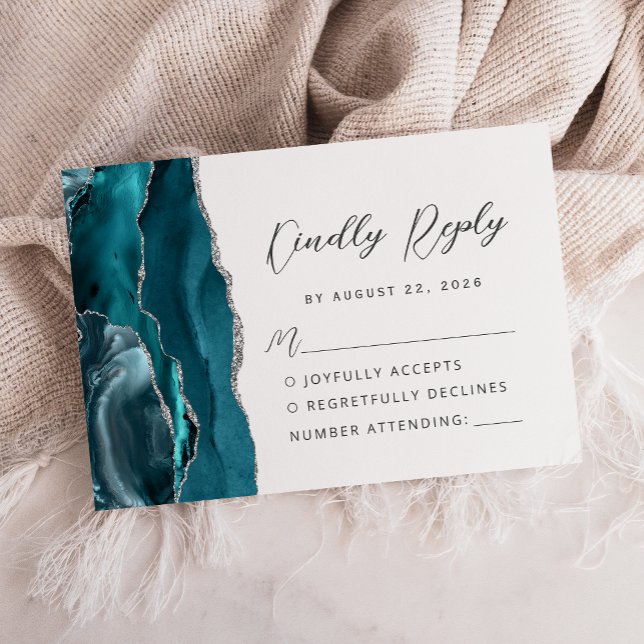 Cartons Réponse Mariage Moderne Agate Bleu Turquoise Argent Script (Créateur téléchargé)