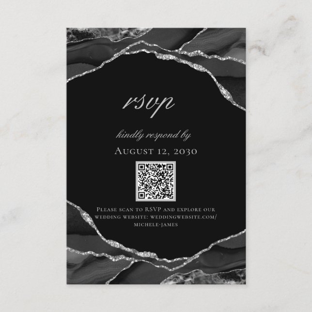 Cartons Réponse Mariage Moderne Agate Noir Argenté (Devant)
