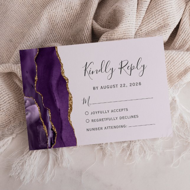 Cartons Réponse Mariage Moderne Agate Or Violet Pâle (Créateur téléchargé)