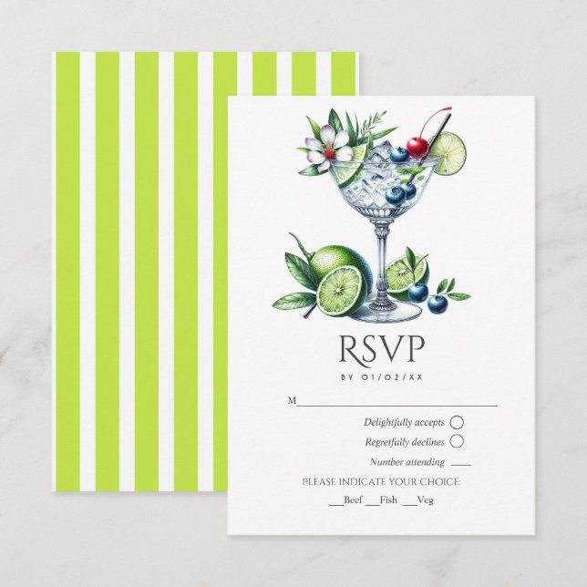 Cartons Réponse Mariage Moderne avec Cocktail Vert Citron (Devant / Derrière)