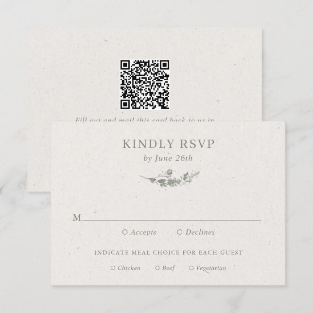 Cartons Réponse Mariage moderne avec code QR botanique vert sauge (Devant / Derrière)