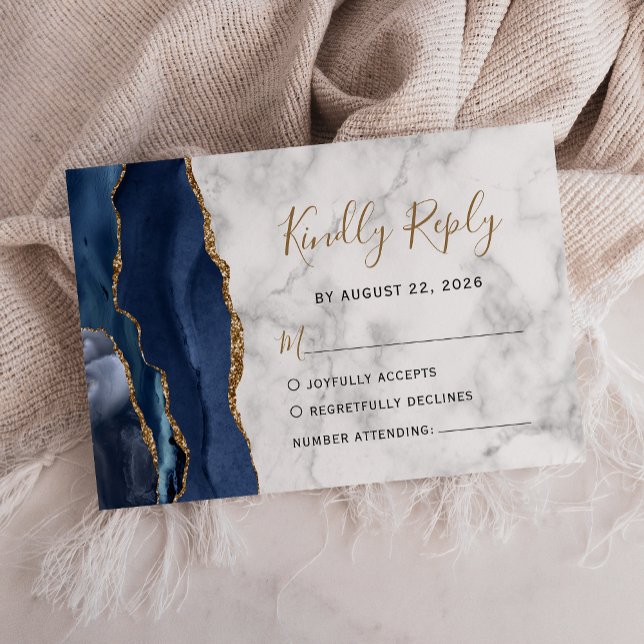 Cartons Réponse Mariage Moderne avec Marbre Agate Bleu Nuit et Or (Créateur téléchargé)