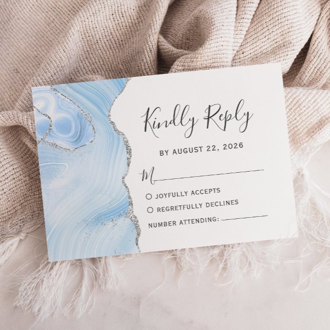 Cartons Réponse Mariage Moderne Bébé Bleu Argent Aquarelle Agate (Créateur téléchargé)