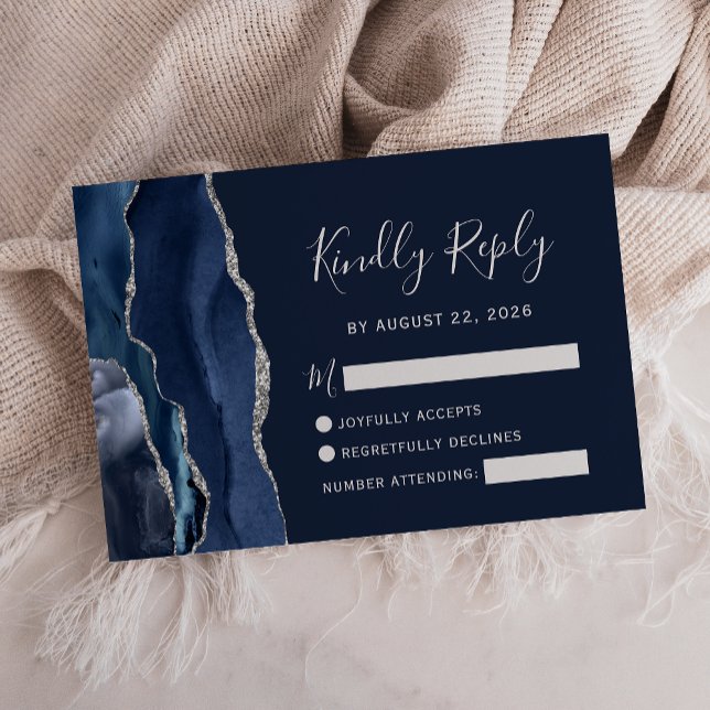 Cartons Réponse Mariage Moderne Bleu Nuit Agate Argent (Créateur téléchargé)